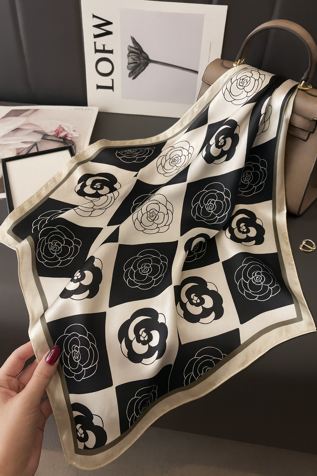 Elegant Camellia Silk Scarf– Luxury Square Bandana