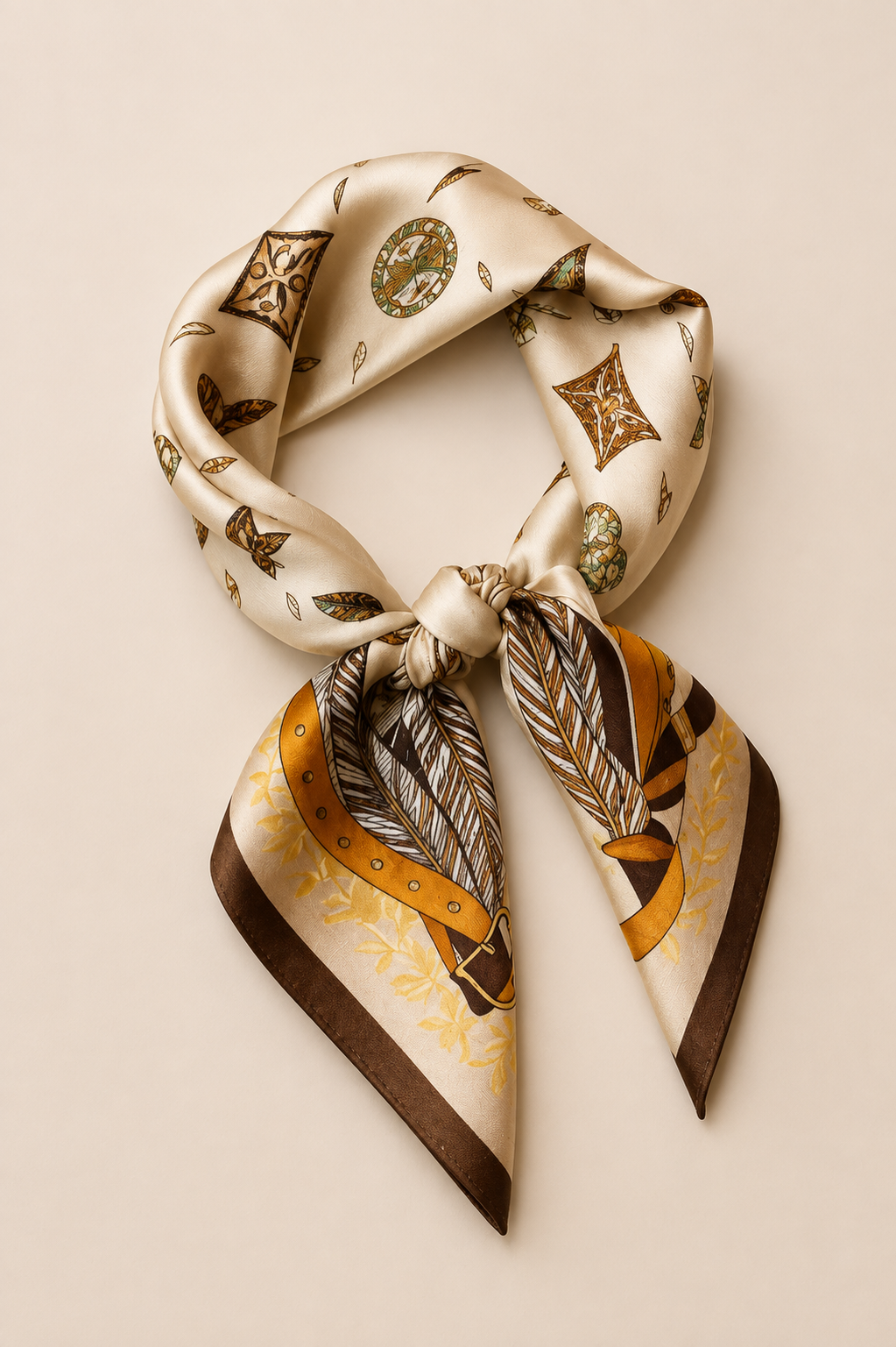 Silk Beige Scarf with Feather & Chain Print – Luxury Square Bandana