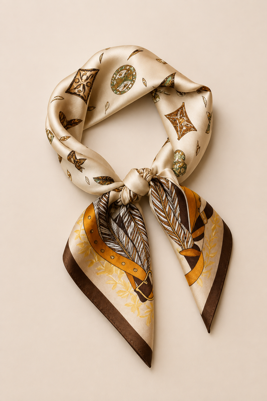 Silk Beige Scarf with Feather & Chain Print – Luxury Square Bandana