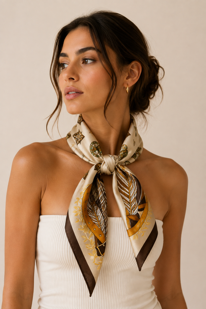 Silk Beige Scarf with Feather & Chain Print – Luxury Square Bandana