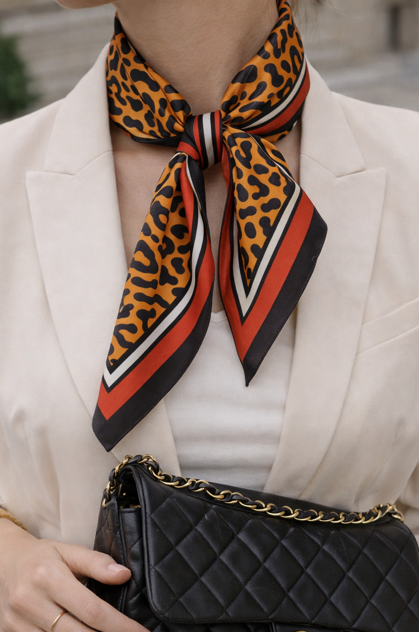 Amber Leopard Satin-Finish Square Scarf