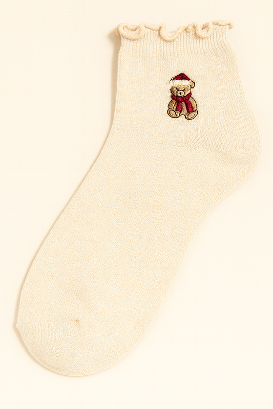Holiday Teddy Embroidered Ruffle Socks