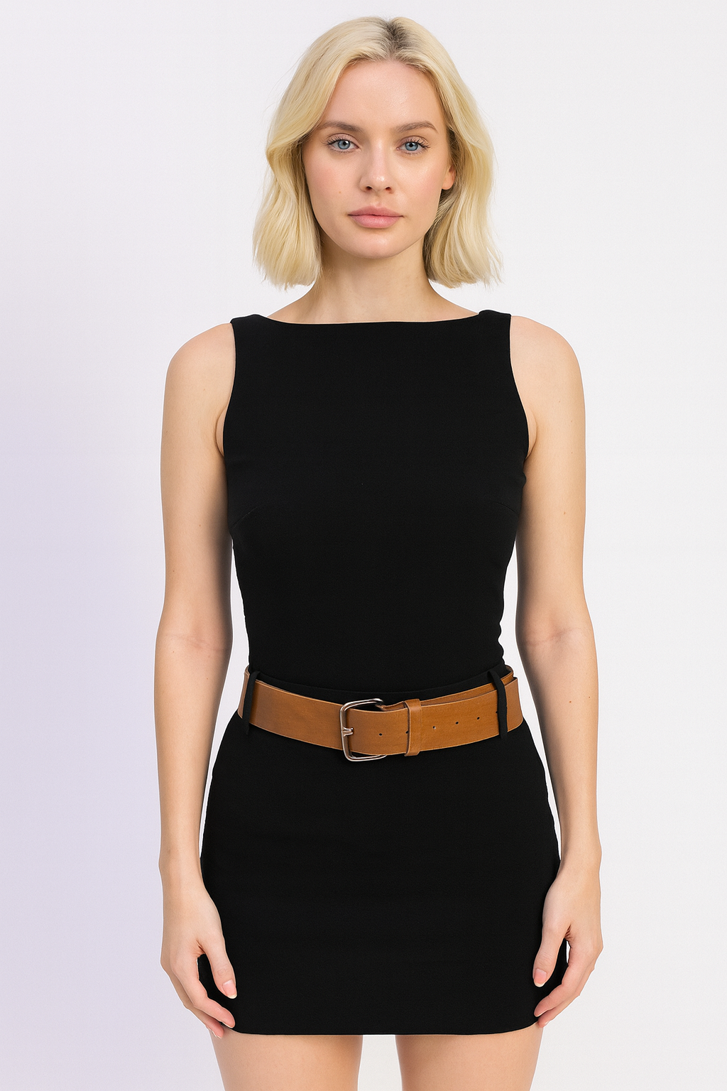 Boat Neck Sleeveless Mini Dress with Chunky Belt