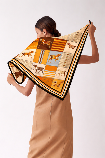 100% Silk Equestrian Print Luxury Scarf for Women – Elegant Hair & Neck Accessory