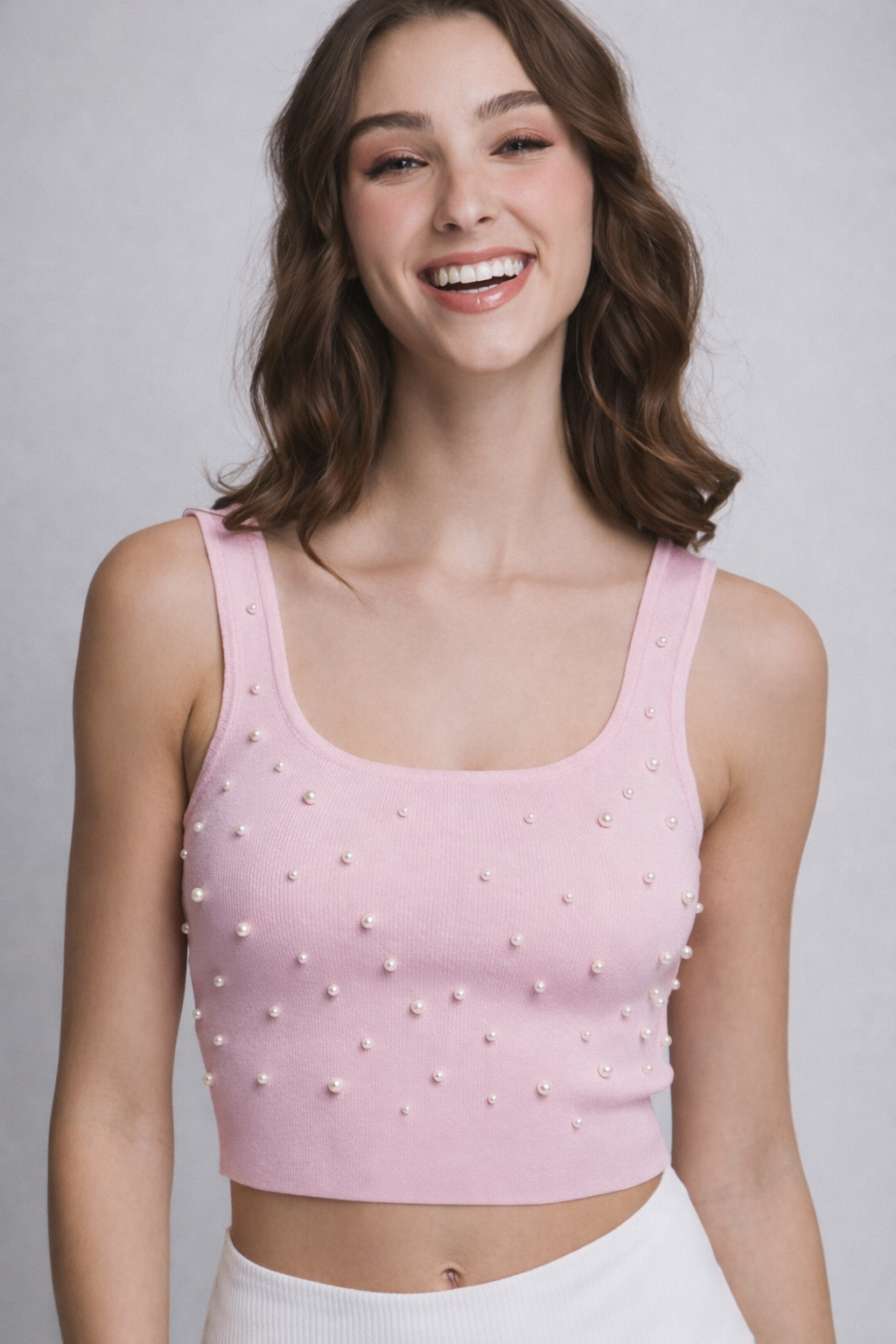 Pearl Detail Ribbed Crop Tank Top