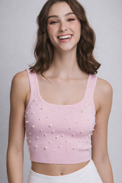 Pearl Detail Ribbed Crop Tank Top