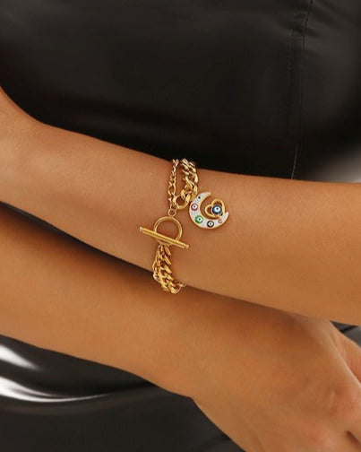 Evil Eye Moon Chain Bracelet – 18K Gold Plated Stainless Steel