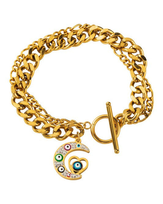 Evil Eye Moon Chain Bracelet – 18K Gold Plated Stainless Steel