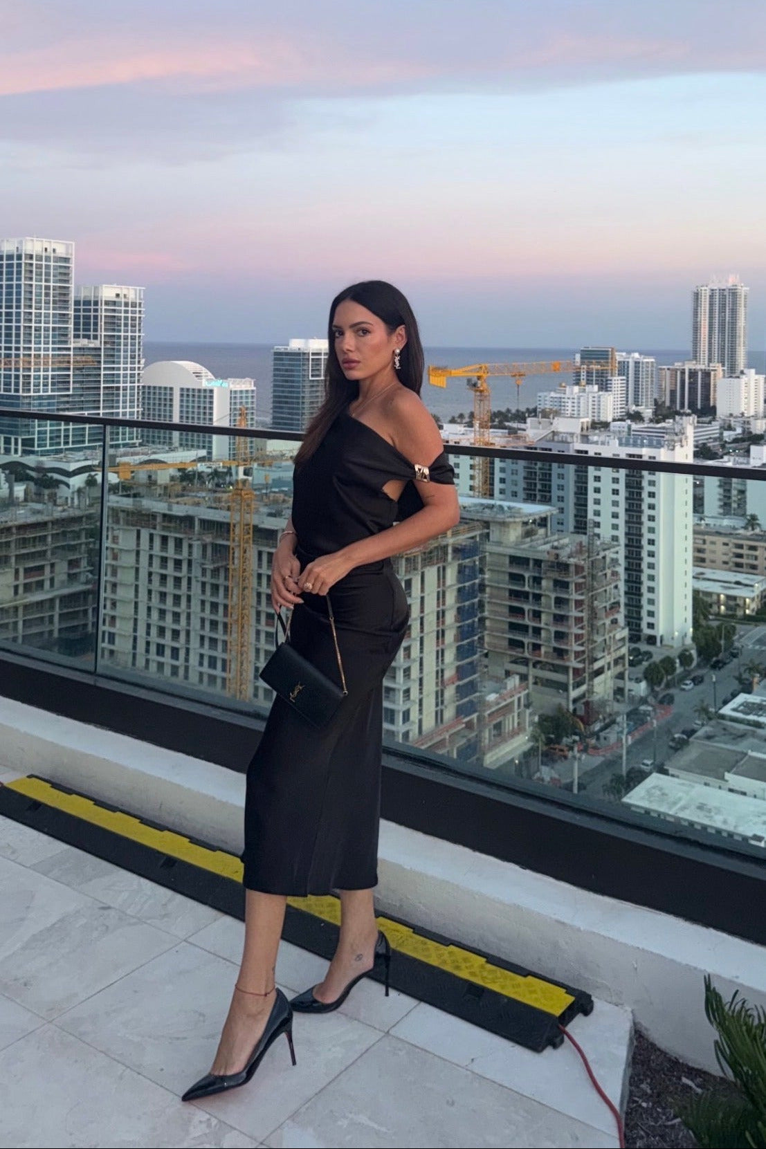 Laura Black Asymmetrical Satin Midi Dress with Gold Detail