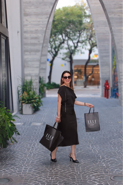 Laura Black Asymmetrical Satin Midi Dress with Gold Detail