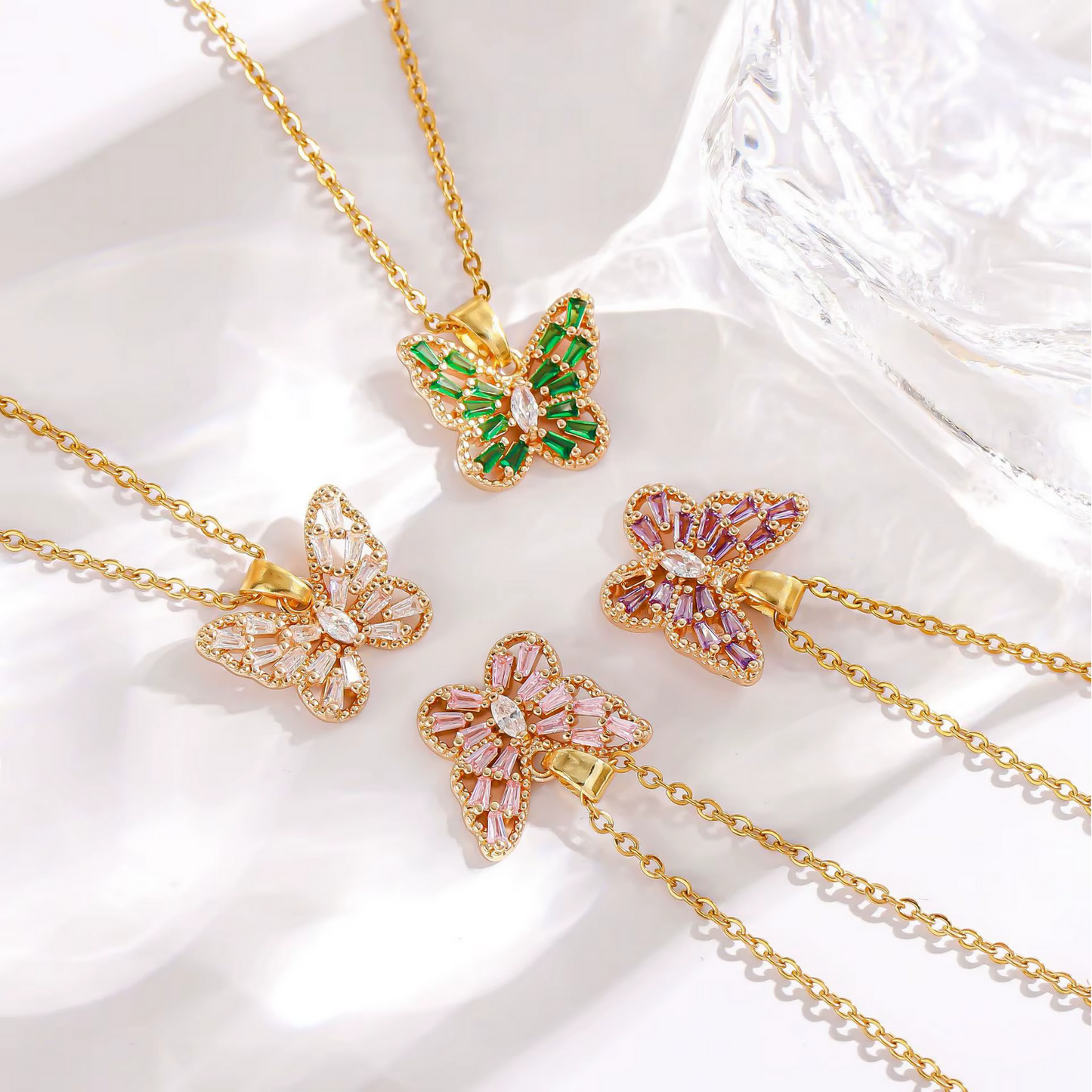 Crystal Butterfly Necklace – Stainless Steel, Water Resistant