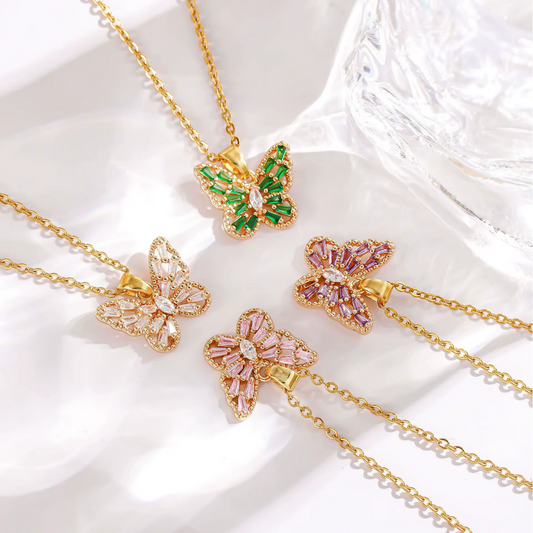 Crystal Butterfly Necklace – Stainless Steel, Water Resistant
