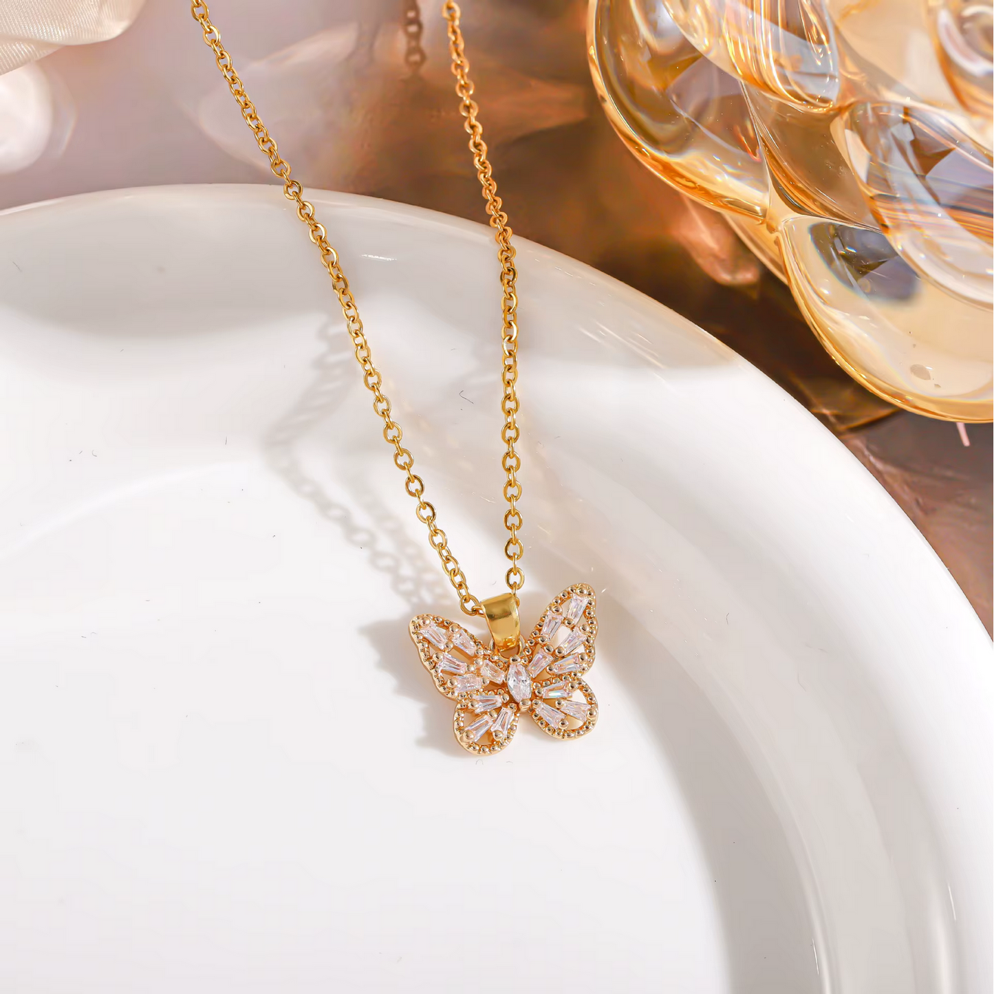 Crystal Butterfly Necklace – Stainless Steel, Water Resistant