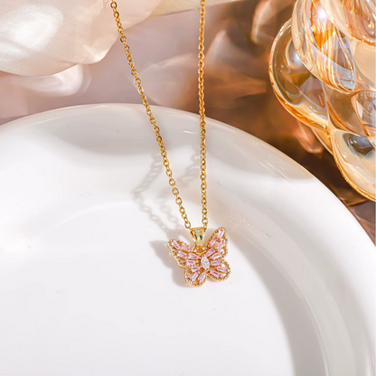 Crystal Butterfly Necklace – Stainless Steel, Water Resistant