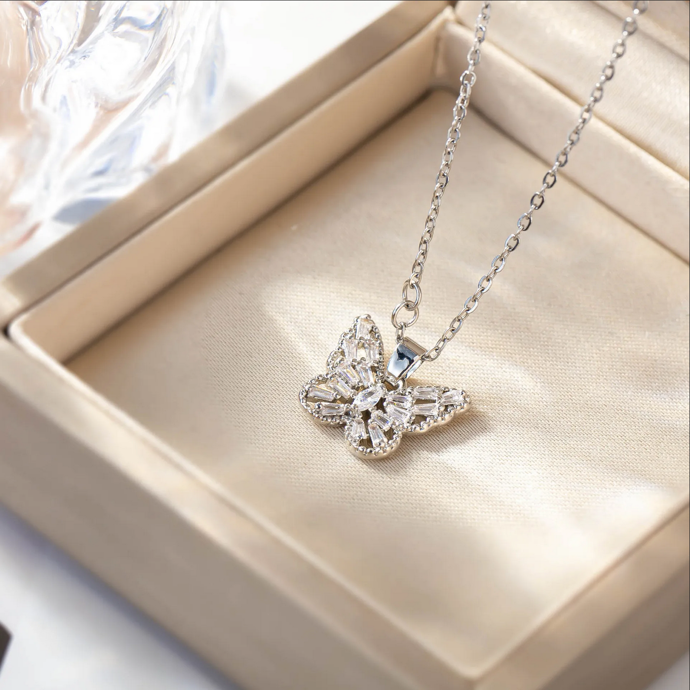 Crystal Butterfly Necklace – Stainless Steel, Water Resistant
