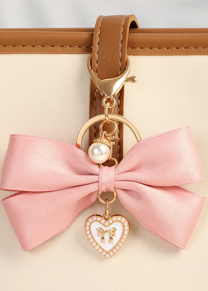 Elegant Satin Bow Heart Charm Keychain