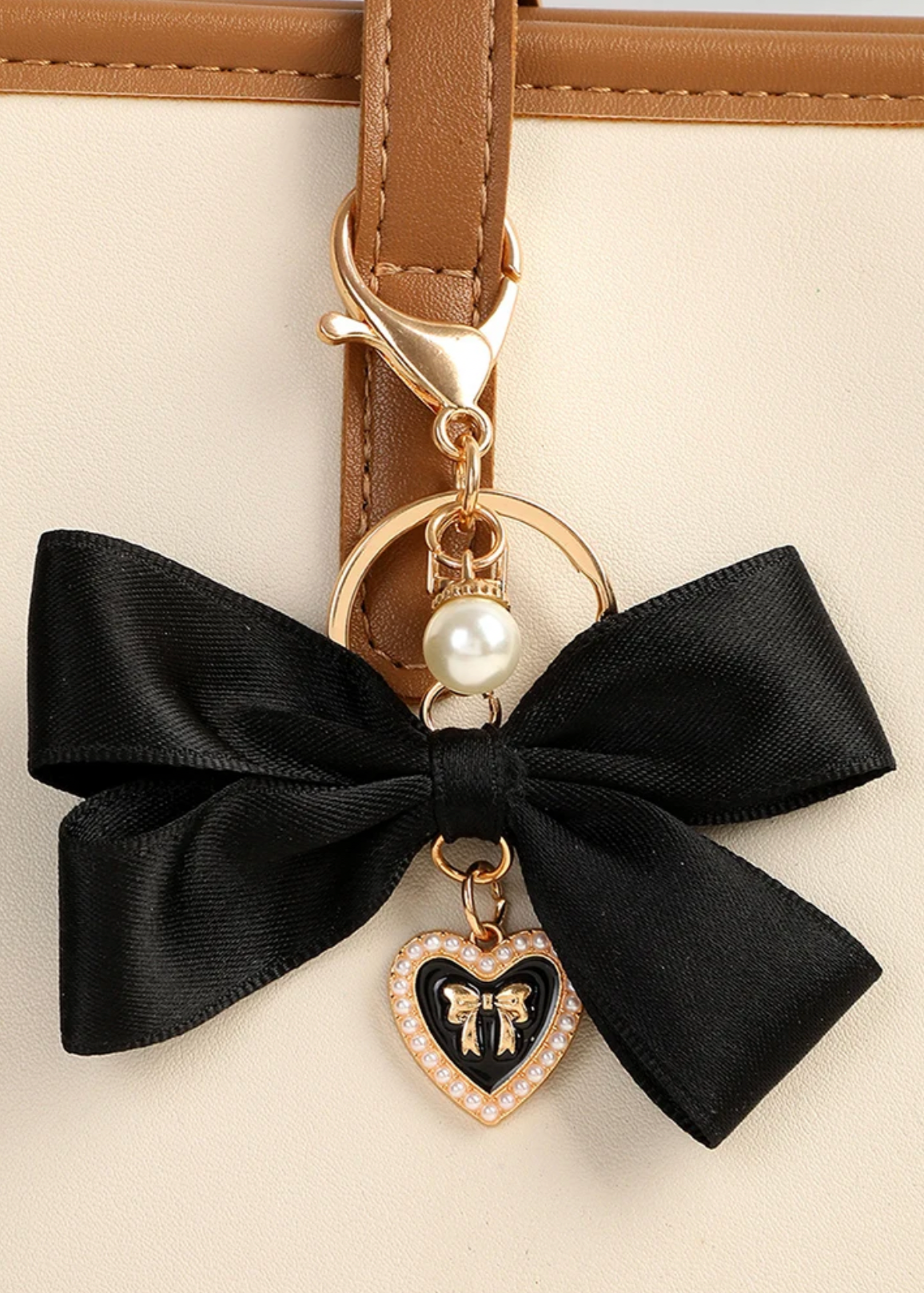 Elegant Satin Bow Heart Charm Keychain