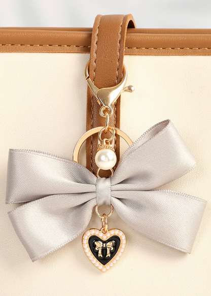 Elegant Satin Bow Heart Charm Keychain