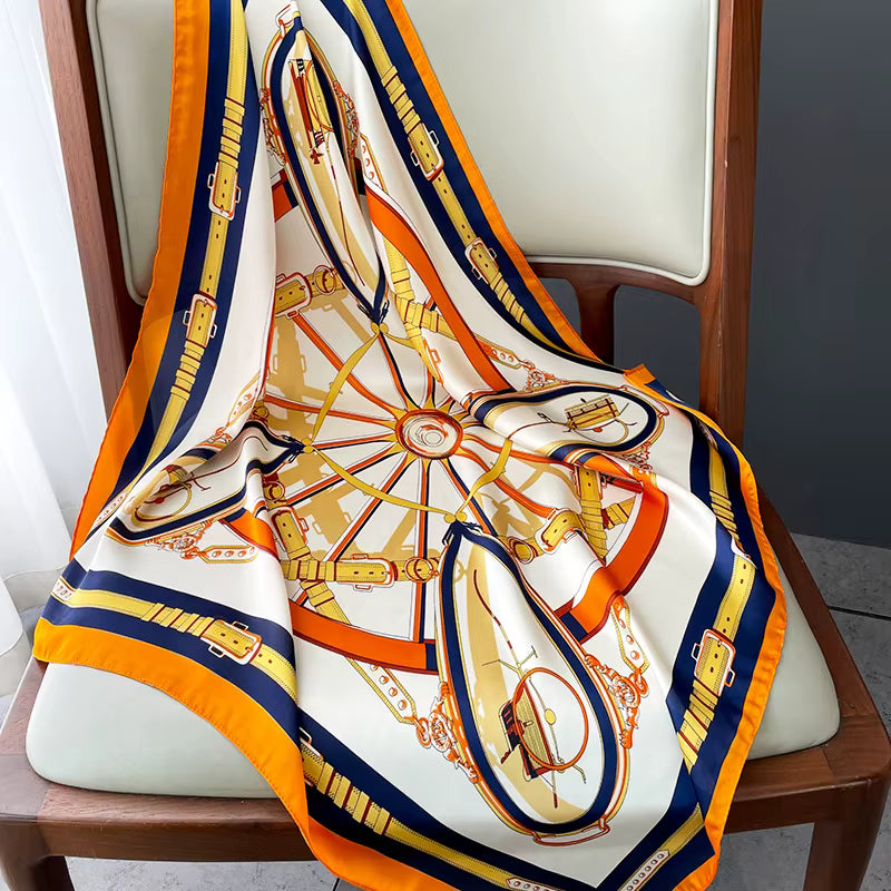Silk Equestrian Scarf Bandana – Square Headscarf with Orange & Navy Border