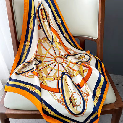 Silk Equestrian Scarf Bandana – Square Headscarf with Orange & Navy Border