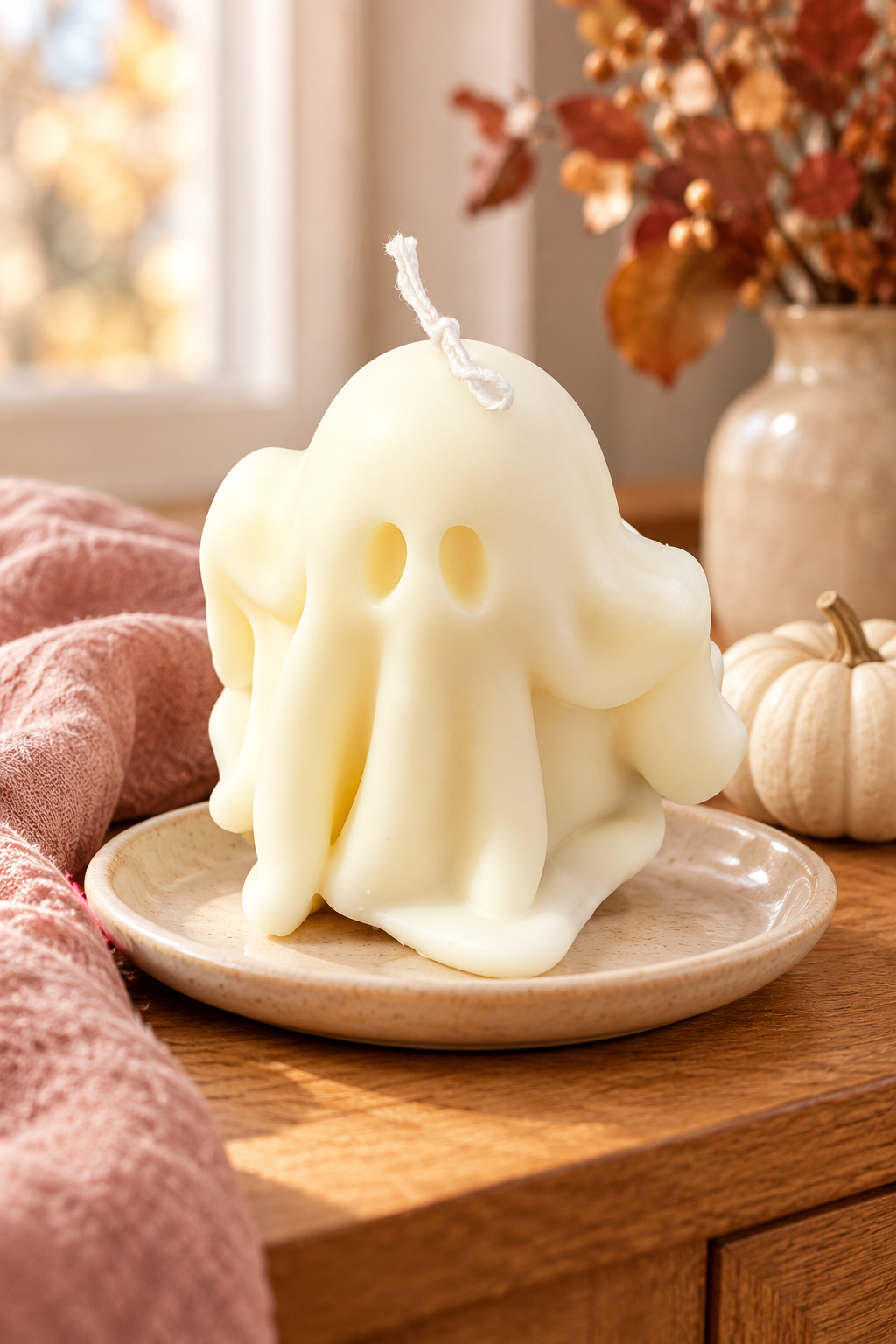 Ivory Boo ghost-shaped soy candle on a ceramic dish with warm autumn decor.