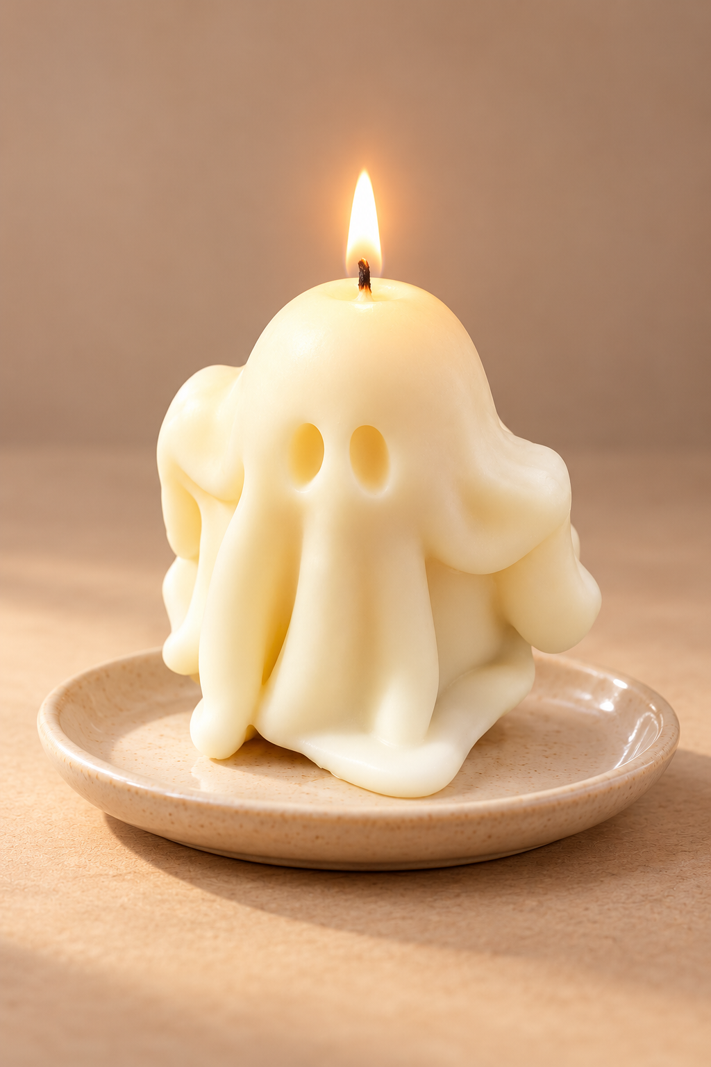 Lit ivory Boo ghost soy candle on a ceramic dish against a clean neutral background.