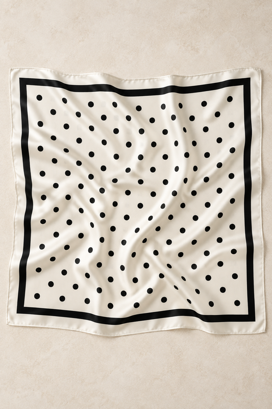 Ivory and black polka dot 90 cm square scarf on a neutral background