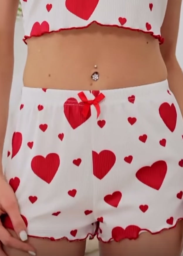 Heart Ribbed Pajama Set – Crop Top & Shorts