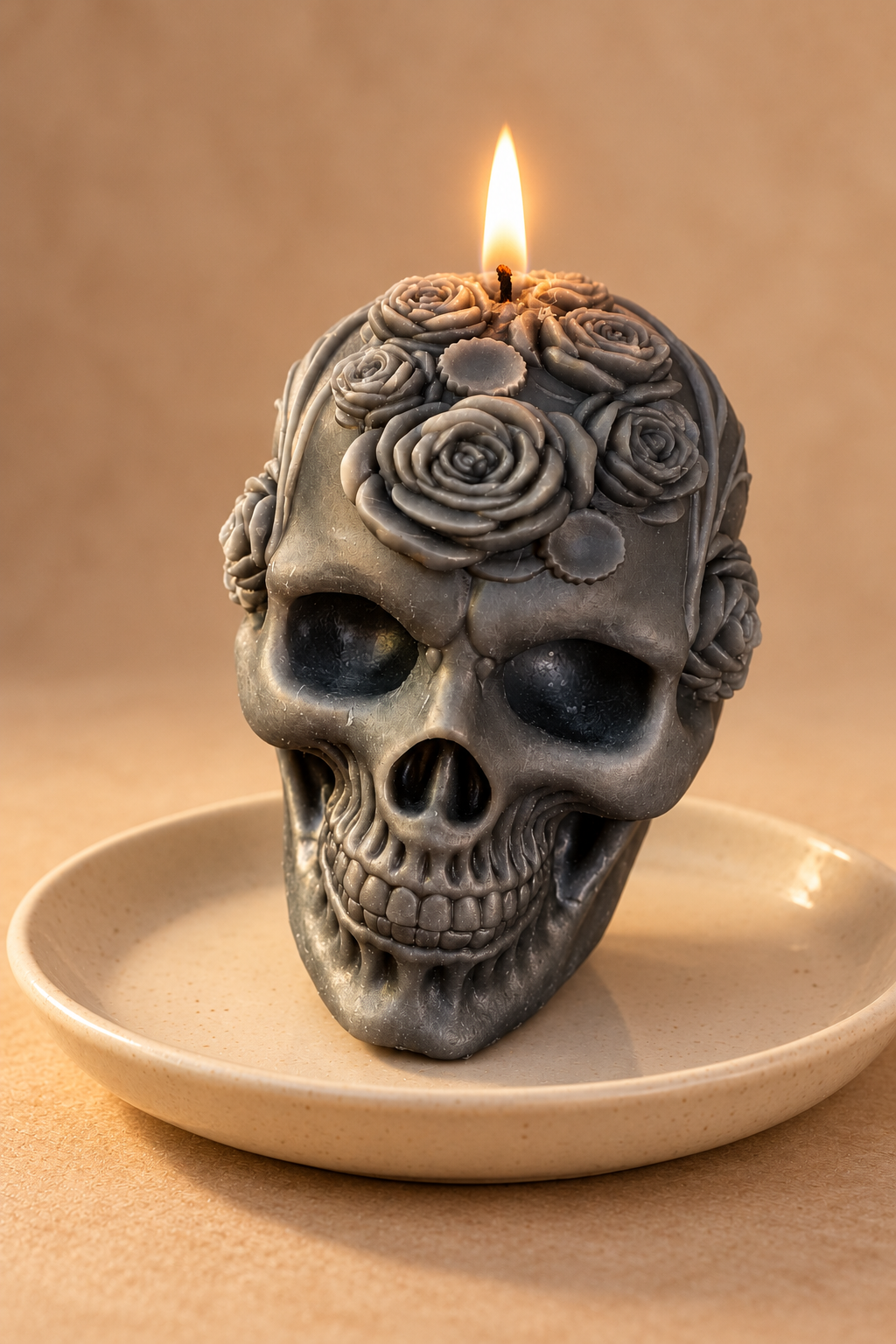 Lit charcoal Gothic Rose Skull soy candle on a ceramic dish with a clean neutral backdrop.