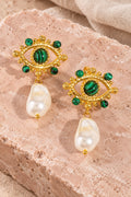 Malachite Evil Eye Pearl Dangle Earrings