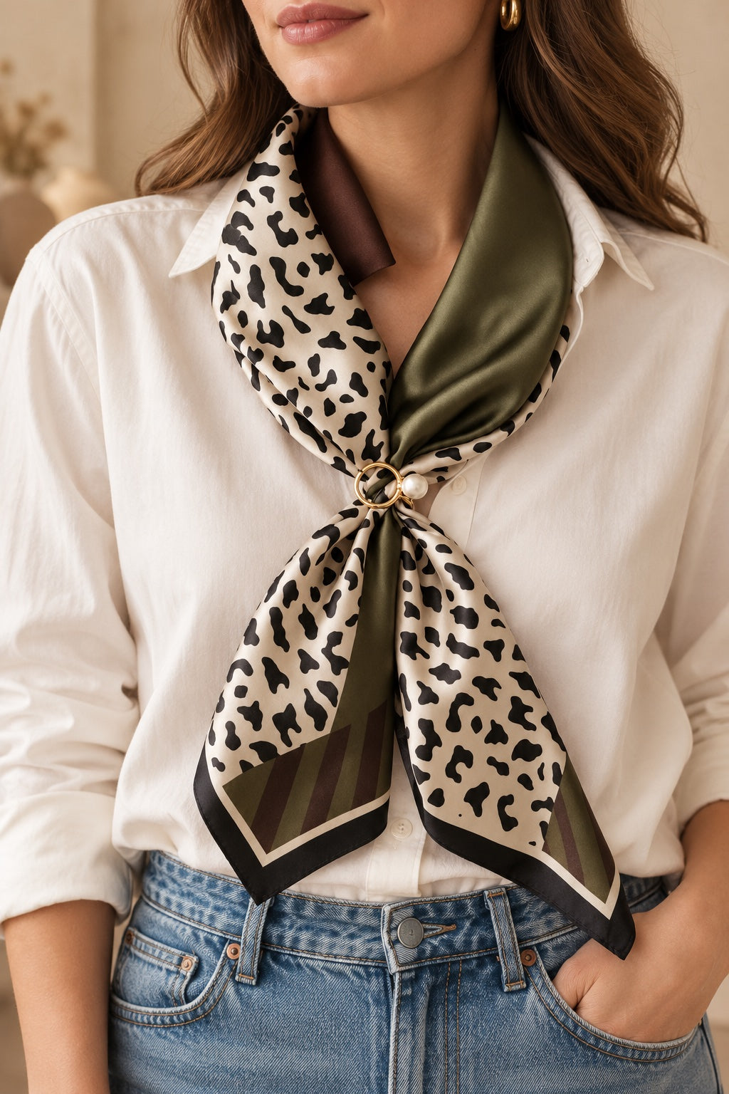 Olive Leopard Satin-Finish Square Scarf