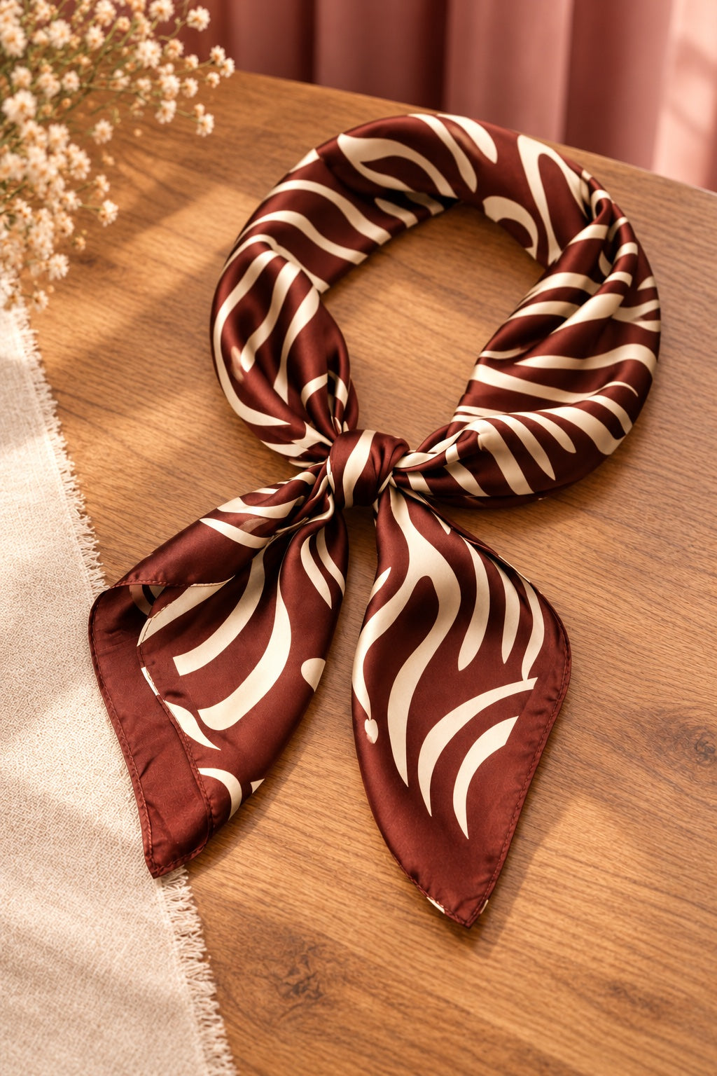 Mocha Zebra Pattern Satin Square Scarf